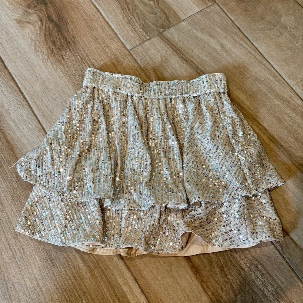 Abercrombie Kids Skort Girls Size 9/10 Gold Sequin Tiered Ruffle Party